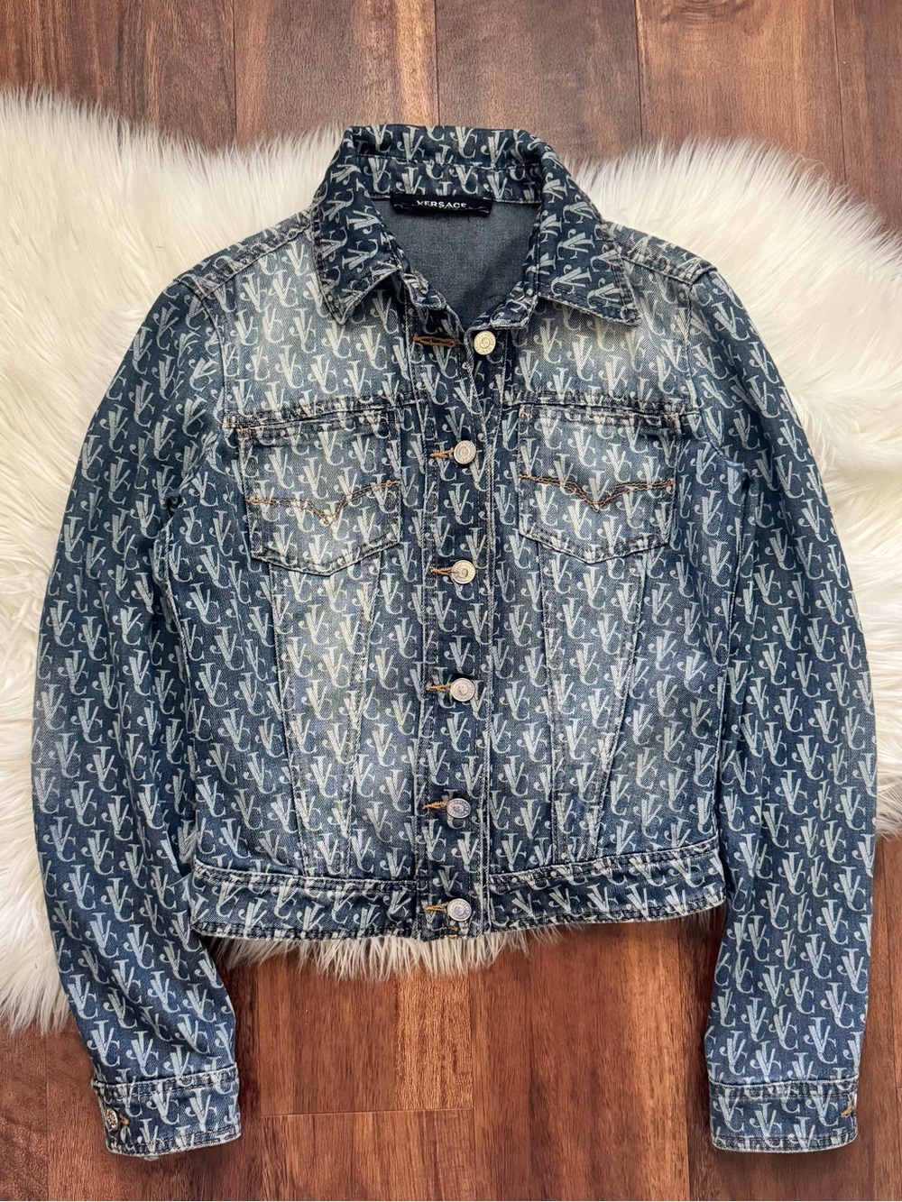 Versace Jeans Couture Monogram Blue Denim Jacket Vintage Y2K Size Small